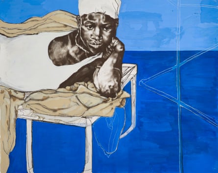 A figure in black and white lying down against a vivid two-tone blue. background