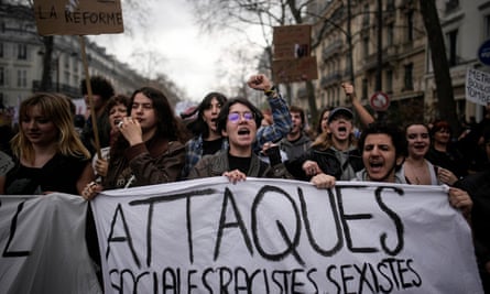 Protesters march during a rally in Paris, on 23 March 2023.