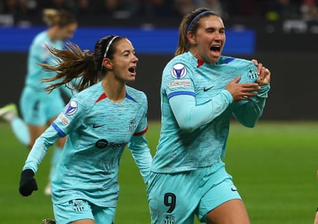 Barcelona's Mariona Caldentey celebrates scoring their second goal with Aitana Bonmati.