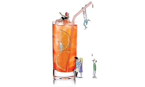 An illustration of a tall glass of negroni with little cartoon characters in the drink, floating on the ice, clinging to the straw and standing by the glass