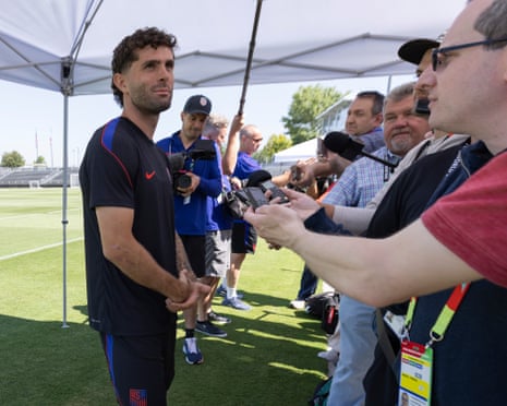 Christian Pulisic talks to the media during training in California, yesterday.