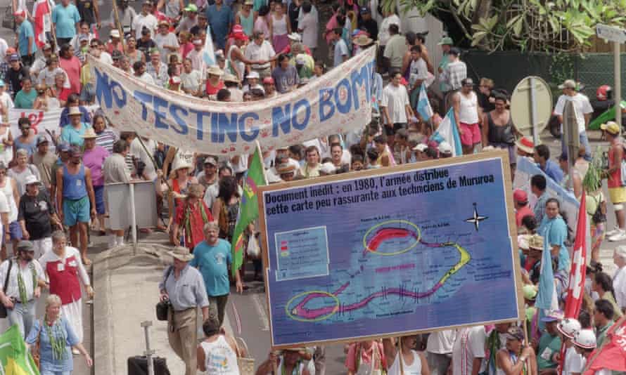 Anti-nuclear protesters march in the capital of Tahiti in French Polynesia in September 1995 to denounce the French nuclear testing in Mururoa atoll.