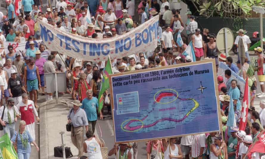 Anti-nuclear protesters march in Pape’ete, the capital of Tahiti in French Polynesia, in 1995, denouncing French nuclear testing on Mururoa atoll.