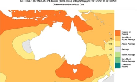 Chart showing record sea surface temperatures across the northern and Coral Sea areas of Australia in summer 2015/16