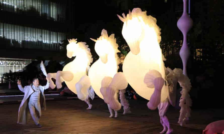Members of French performance group Compagnie des Quidams perform “FierS a Cheval” at a press preview of the Roppongi Art Night 2016 in Tokyo