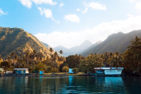 The shoreline of Teahupo’o looking into mountainous Tahiti Iti
