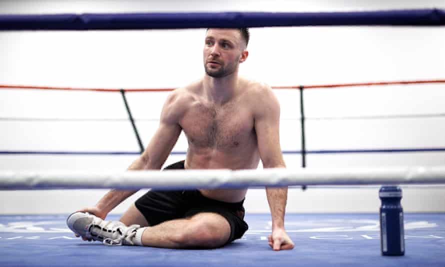 Taylor stretches in the ring during a training session for his fight against Jack Catterall on Saturday.