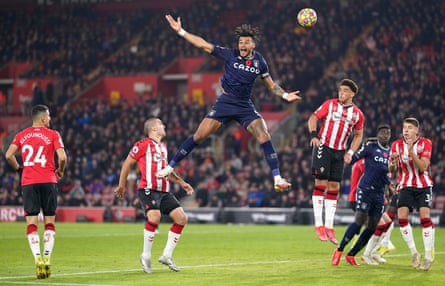 Tyrone Mings leaps highest against Southampton after being restored to the starting XI in November.