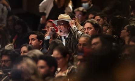 A man screams asking for information about missing people during the ceremony to release the truth commission report Bogotá on Tuesday.