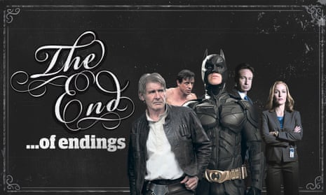 'end of endings' feature graphic with, from left: Han Solo in Star Wars; Rocky Balboa; Batman in The Dark Knight Rises; the X-Files’ Mulder and Scully.