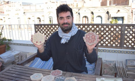 Joan Moliner with some of the 1,600 tiles he has found in builders’ skips