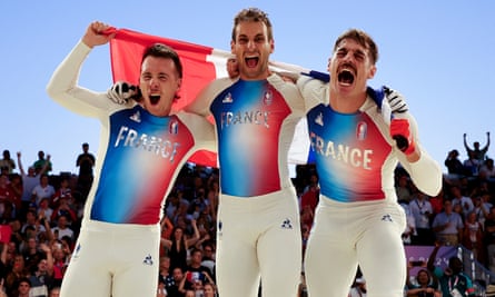 Joris Daudet (centre) celebrates gold as part of a French 1-2-3 with Sylvain André (right) and Romain Mahieu.