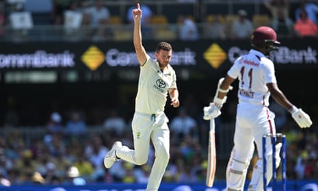 Australia’s Josh Hazlewood celebrates the wicket of West Indies captain Kraigg Brathwaite.