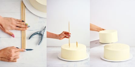 Composite image of cutting lengths of wooden dowel, placing dowels into a cake, and stacking a two-tier cake