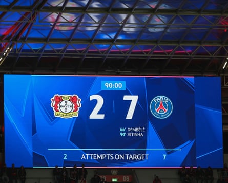 Scoreboard showing Leverkusen 2-7 PSG