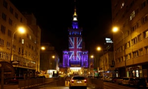 Warsaw’s Palace of Culture and Science illuminated in union flag colours the day before the EU referendum