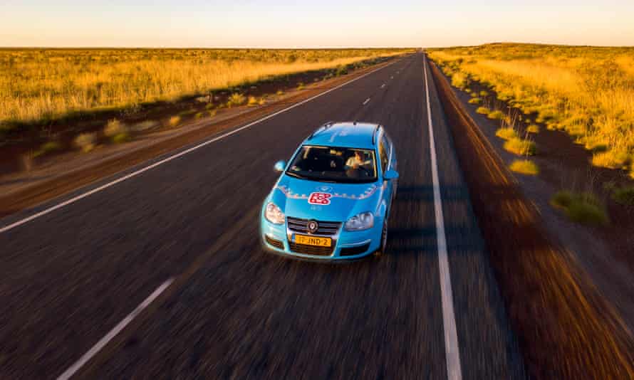 Wiebe Wakker cruising through the Pilbara in his small electric car he calls ‘Blue Bandit’