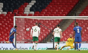 Dominic Calvert-Lewin sends Darren Randolph the wrong way to score England’s third goal .