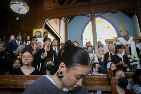 Residents gather at St.Mary the Virgin Church for a vigil for victims of the car-ramming tragedy during the Filipino Lapu Lapu festival in Vancouver, British Columbia, Canada, 27 April 2025.