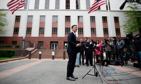 Hawaii attorney general Douglas Chin speaks outside the US court of appeals in Seattle on 15 May. 