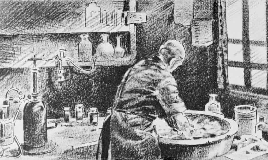 The medical pioneer Ignaz Semmelweis washing his hands in chlorinated lime water before operating.