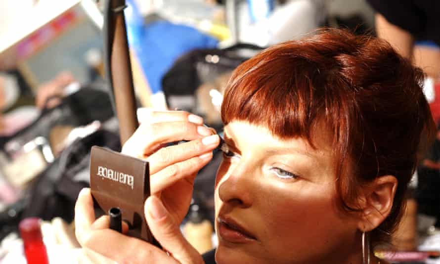 Linda Evangelista backstage at the Dolce and Gabbana fashion show, Milan, Italy.