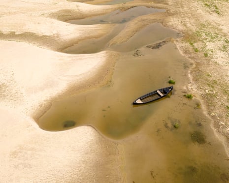 Usually submerged areas of the Danube River are exposed amid exceptionally low water levels, in Rasova, Romania.