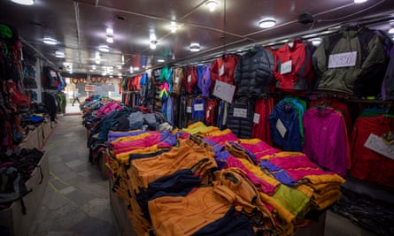An empty mountain gear shop in Thamel, a major tourist hub in Kathmandu