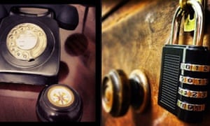 A composite image of objects – a manual dial telephone and a padlocked desk drawre – in the Escape Game HintHunt’s 1940s detective room. London