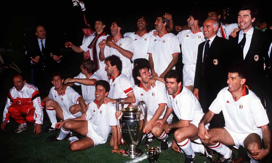 Arrigo Sacchi and his Milan team celebrate winning the European Cup in 1989.