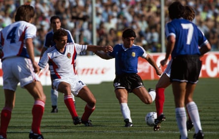 Ivica Osim’s Yugoslavia block the way for Diego Maradona during a 1990 World Cup quarter-final that Argentina won on penalties.