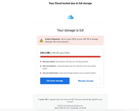 A scam email telling the recipient their Cloud storage is full