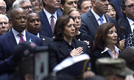 The New York City mayor, Eric Adams, the vice-president, Kamala Harris, and the New York governor, Kathy Hochul, at the 9/11 commemoration ceremony in New York City.