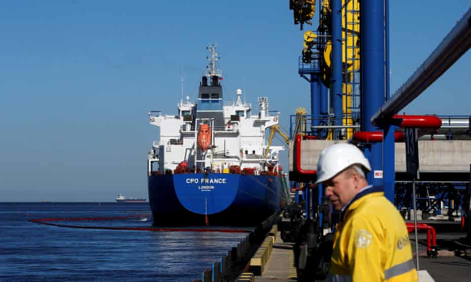 Oil is pumped into an oil tanker at the Ust-Luga oil products terminal in Russia, near Estonia. Picture taken in 2015.