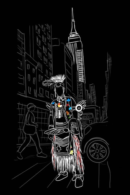 a drawing of a figure in front of the empire state building