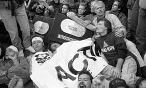 The Aids activist group Act Up protests at the headquarters of the Food and Drug Administration (FDA) on 11 October 1988 in Rockville, Maryland.