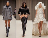 Composite of models in herringbone jacket, crop jacet and slit trousers, and white flower-covered dress
