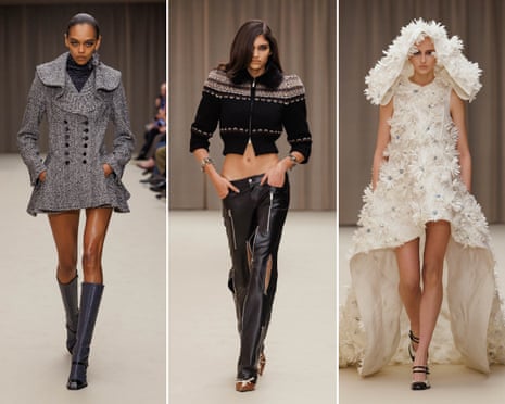 Composite of models in herringbone jacket, crop jacket and slit trousers, and white flower-covered dress