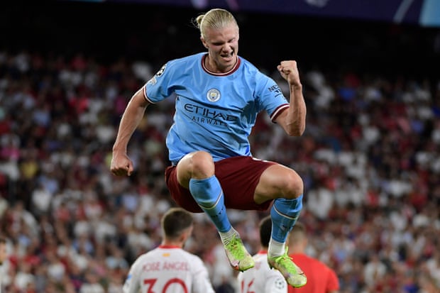 Erling Haaland takes flight after scoring his second and Manchester City’s third goal in their smooth Champions League win at Sevilla.