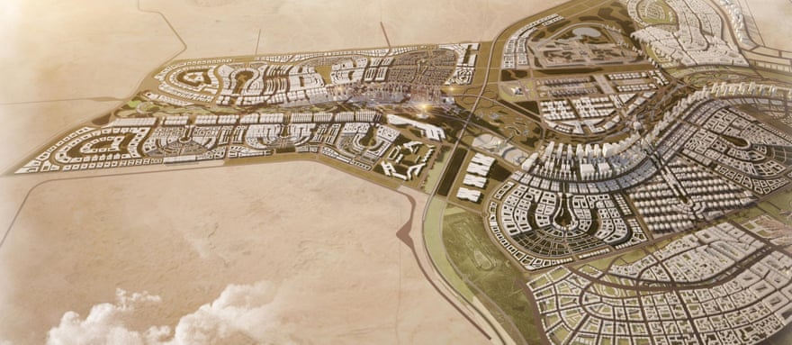 A graphic of the new Egyptian capital shows completed residential districts, as well as the planned tallest building in Africa at 345 metres high.