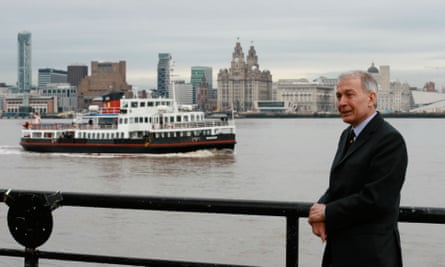 Frank Field in Birkenhead in 2009, with the Mersey ferry and Liverpool in the background.