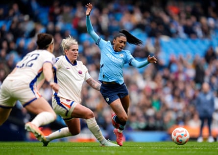 Millie Bright fouls Kerolin during the Women’s Super League match between Manchester City and Chelsea