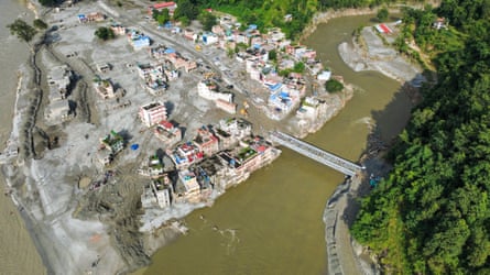 An aerial view of a town destroyed after the catastrophic glacial flood