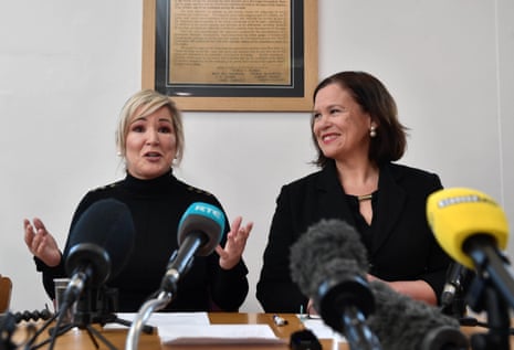 Mary Lou McDonald and Michelle O’Neill (left) speaking at a press conference at Stormont today.