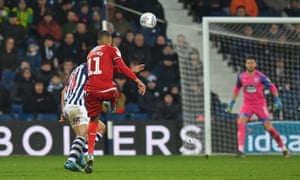 Middlesbrough’s Ashley Fletcher unleashes his long-range strike against West Brom.
