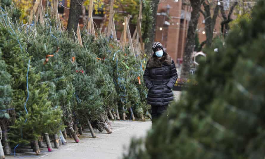 A woman looks at Christmas trees in New York, US