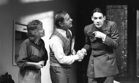 Geoffrey Palmer, centre, in rehearsals for Alan Bennett’s play Kafka’s Dick at the Royal Court, with Alison Steadman and Roger Lloyd Pack, 1986.