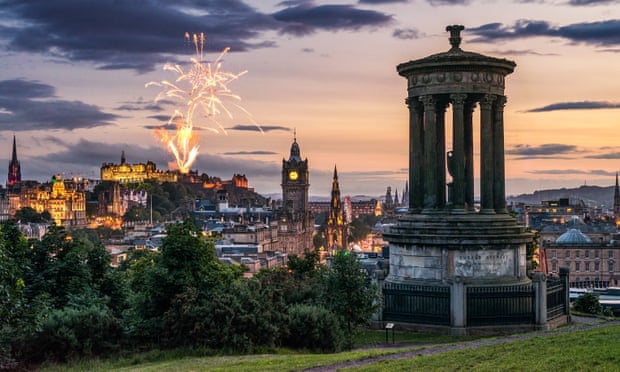 Fireworks over the Edinburgh skyline, as seen from Calton Hill.