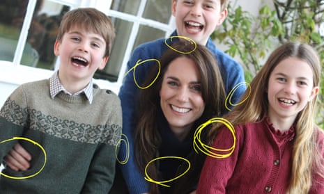 Photo of Catherine and children with yellow circles identifying where edits had been made.