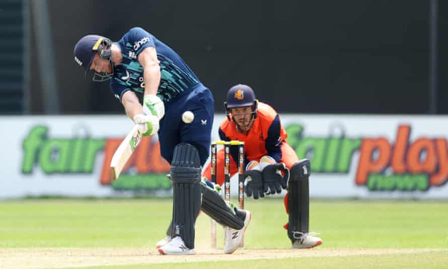 Jos Buttler of England hits a six.